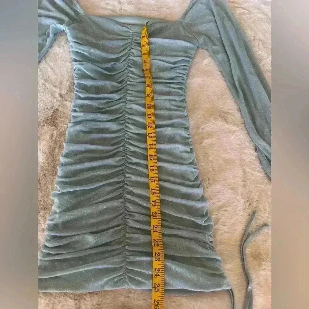 Jump Apparel Glitter Square Neck Ruched Long Sleeve W/ Ties At Hemline Dress M - Picture 7 of 10